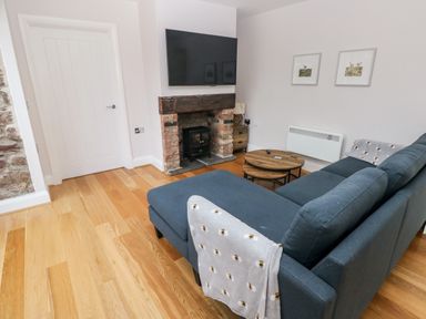 A living room with a blue sofa a flat screen TV above a fireplace and two framed pictures on the wall at Skomer Cottage in Sandy Haven near Milford Haven