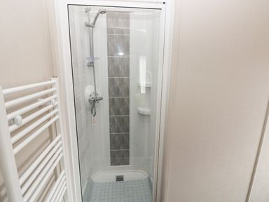 A shower cubicle with a glass door a showerhead and a towel radiator in a bathroom at Ramsey in Broad Haven