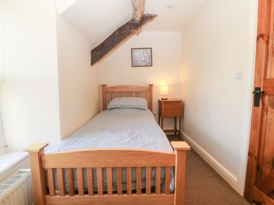 A small bedroom with a single wooden bed a bedside table with a lamp a framed picture on the wall and a wooden door at Tyn Llwyn in Eisingrug near Harlech