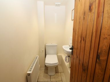 A small bathroom with a toilet a sink a radiator and a wooden door at Tyn Llwyn in Eisingrug near Harlech