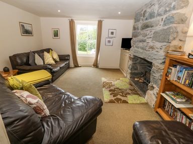 A living room with leather sofas a stone fireplace a bookshelf and a window with curtains at Tyn Llwyn in Eisingrug near Harlech