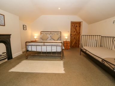 A bedroom with two beds a wooden door bedside tables with lamps and a fireplace at Tyn Llwyn in Eisingrug near Harlech