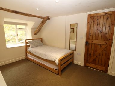 A bedroom with a single bed near a window a wooden door and a wall mirror at Tyn Llwyn in Eisingrug near Harlech