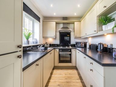 A kitchen with cream cabinets black countertops a stove a microwave and plants at Lantern House in Filey