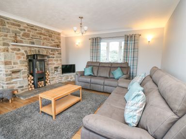 A living room with two grey sofas a wooden coffee table and a stone fireplace with firewood at Pen Y Banc Llanfaredd near Builth Wells