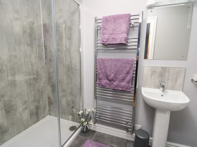 A bathroom with a shower cabin a sink mirror a towel rack with towels and a small flower vase at Pen Y Banc in Llanfaredd near Builth Wells