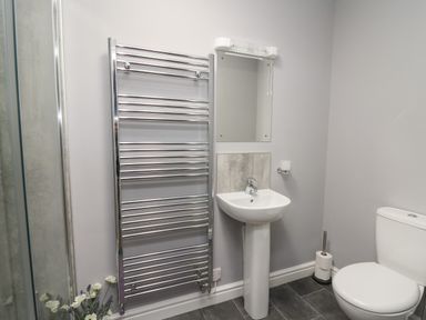 A bathroom with a toilet sink mirror and towel radiator at Pen Y Banc in Llanfaredd near Builth Wells