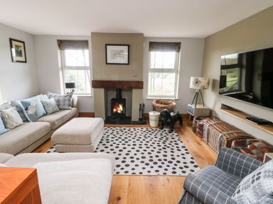 A living room with a fireplace two windows a sofa an ottoman a polka dot rug and a television at Cae Du in Dwyran near Niwbwrch Newborough