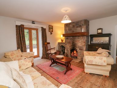 A living room with a stone fireplace a wooden coffee table patterned sofas a rocking chair and glass doors leading outside at Coffey's in Ballymacarbry County Waterford
