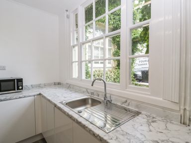 A kitchen corner with a stainless steel sink a marble countertop a microwave and a window showing greenery outside at Alcombe House in Minehead
