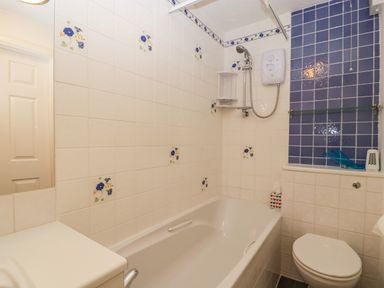 A bathroom with a bathtub shower combination tiled walls and a toilet at Alcombe House Minehead