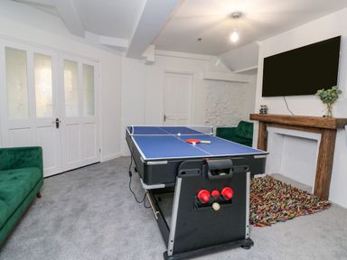 A room with a ping pong table two green sofas a wall-mounted television and a wooden mantle at Alcombe House in Minehead
