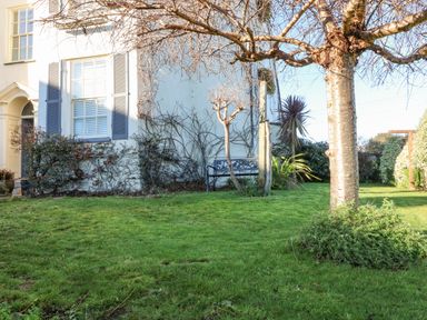 A garden with grass a tree a bench and part of a house with shuttered windows at Alcombe House Minehead