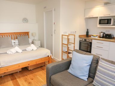 A studio apartment with a wooden bed and gray sofa near a small kitchen area at The Mew in Dartmouth