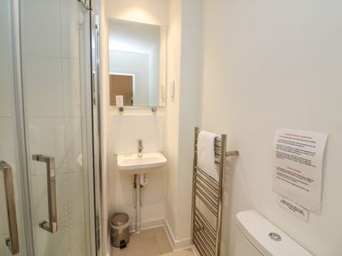 A bathroom with a glass shower, small sink, mirror, metal towel rack with a towel, and a toilet at The Mew in Dartmouth