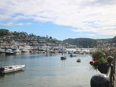 A harbor with boats on the water and houses on the hillside in the background with flowers on a railing at The Mew in Dartmouth
