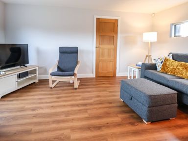 A living room with a gray armchair, a television on a white stand, a gray sofa with cushions, a gray ottoman, a wooden door, and a floor lamp at Meols Holiday Lodge in Meols