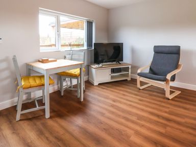 A room with a small table and two chairs with yellow cushions a television on a stand and a gray armchair at Meols Holiday Lodge in Meols