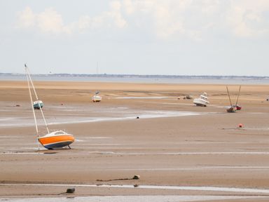 Boats resting on wet sand during low tide at a beach with a distant shoreline in the background