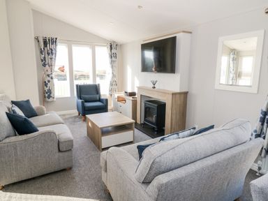 A living room with sofas a chair a coffee table a fireplace a television and windows with curtains at Dershel Lodge in Southerness
