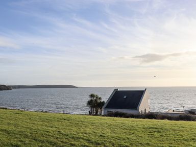 A house near the coast with palm trees and a grassy foreground at Beach House in Duncannon County Wexford