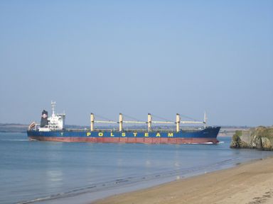 A large cargo ship sailing near a sandy beach with some rocky cliffs at Beach House in Duncannon County Wexford