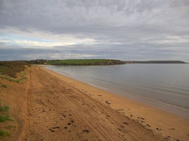 A sandy beach with footprints and grass along the edge next to calm water and a grassy cliff in the distance at Beach House in Duncannon County Wexford