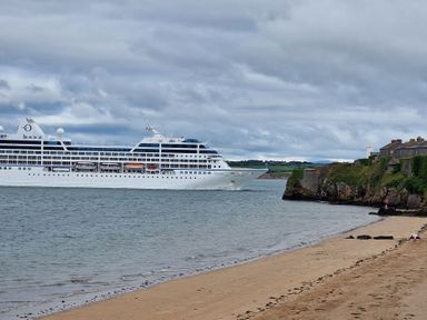 A cruise ship near a rocky coastline and sandy beach at Beach House in Duncannon County Wexford
