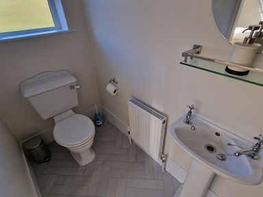 A small bathroom with a toilet a pedestal sink a round mirror and a radiator at Beach House in Duncannon County Wexford