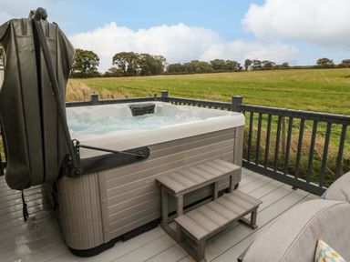 An outdoor hot tub with steps on a deck overlooking a grassy field at Plot 18 Meadow View in Felton