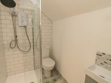 A bathroom with a shower, toilet, and sink at Donni Hall Cottage in Beadnell