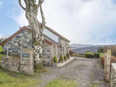 A stone cottage with small potted trees outside and a gravel driveway at Beech Tree Cottage in Waunfawr