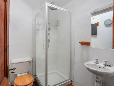 A bathroom with a shower enclosure toilet and sink at Beech Tree Cottage in Waunfawr