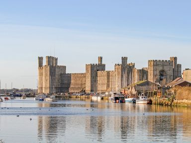 A marina with boats docked in front of a large stone castle at Beech Tree Cottage in Waunfawr