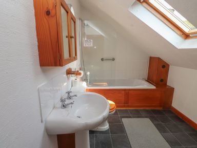 A bathroom with a washbasin, toilet, and bathtub at Beech Tree Cottage Waunfawr