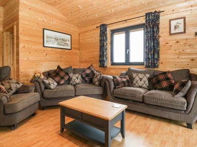A living room with wooden walls two gray sofas patterned cushions a wooden coffee table and a window with curtains at The Lodge at Crossroads Farm Middlezoy