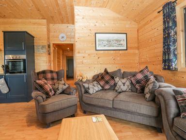 A living room with grey armchairs and sofa with patterned cushions wooden walls and flooring a blue kitchen unit and a wooden coffee table at The Lodge at Crossroads Farm in Middlezoy