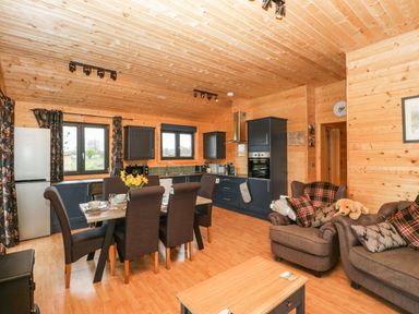 A kitchen and dining area with black cabinets and a dining table with chairs beside a seating area with chairs and sofa at The Lodge at Crossroads Farm in Middlezoy