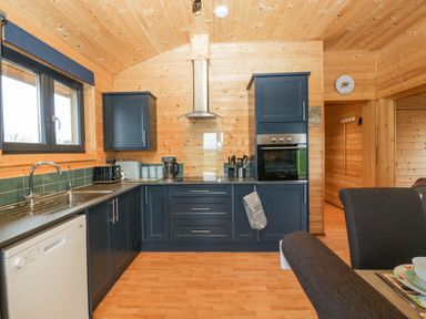 A kitchen with blue cabinets wooden walls a dishwasher and a dining table at The Lodge at Crossroads Farm in Middlezoy