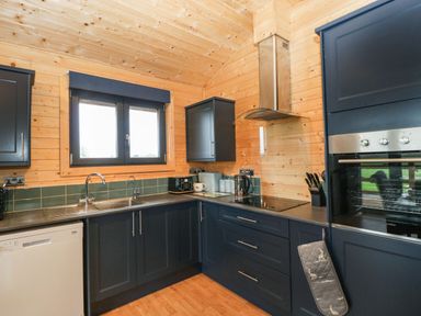 A kitchen with dark blue cabinets a dishwasher a sink stove oven and wooden walls at The Lodge at Crossroads Farm in Middlezoy