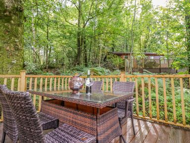 An outdoor wooden deck with wicker chairs and a glass table surrounded by trees at Woodland Retreat Skiptory Howe 41A White Cross Bay near Windermere