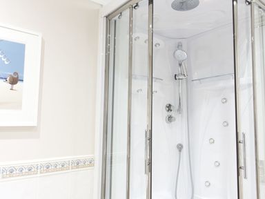 A corner shower enclosure with glass doors and silver handles in a bathroom with tiled walls and a framed picture