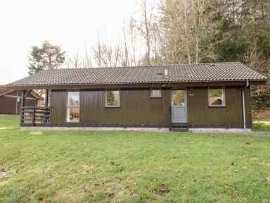 A brown wooden cabin with a tiled roof and small porch surrounded by grass and trees at Firbush Lodge in Killin