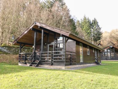A wooden cabin with a covered porch and glass windows surrounded by grass and trees at Firbush Lodge in Killin