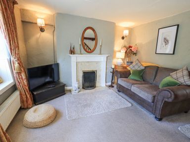 A living room with a fireplace a sofa a television and a rug at Lavender Cottage in Cark In Cartmel