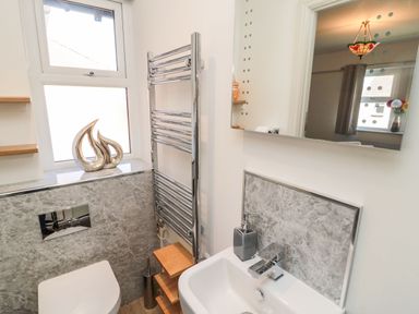 A bathroom with a toilet sink mirror and a heated towel rail at Bisley House in Amble