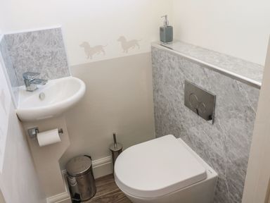 A small bathroom with a wall-mounted sink toilet paper holder trash can toilet and soap dispenser at Bisley House in Amble