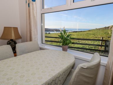 A dining area with a table covered by a cloth and chairs next to a window with a plant on the sill overlooking a grassy landscape at Castle Demesne House in Clifden County Galway