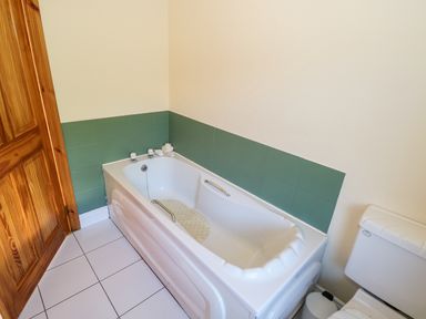 A bathroom with a white bathtub with handles a green tiled wall a wooden door and a white toilet at Castle Demesne House in Clifden County Galway