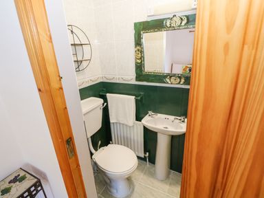 A small bathroom with a toilet and sink a green and white tiled wall and a decorative mirror at Castle Demesne House in Clifden County Galway